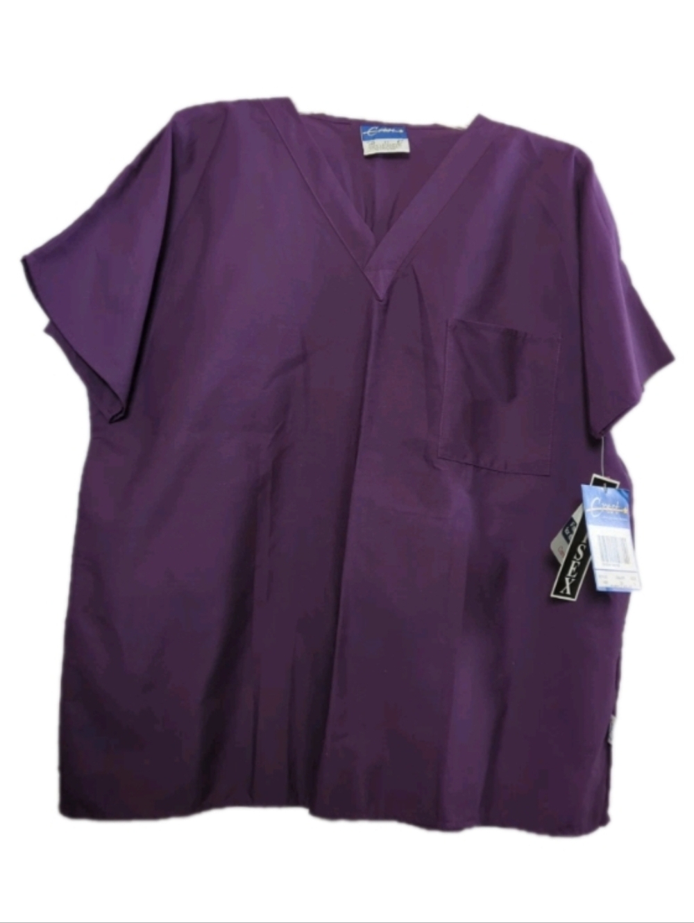 Crest Unisex V-Neck Top - Purple Velvet Color - Easy Care Large - One Pocket NWT